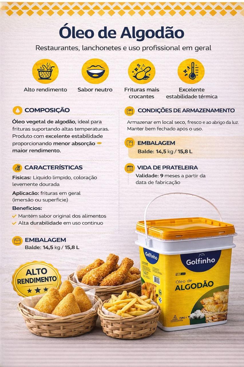 Óleo de Algodão Golfinho — alto rendimento, sabor neutro e ideal para frituras profissionais